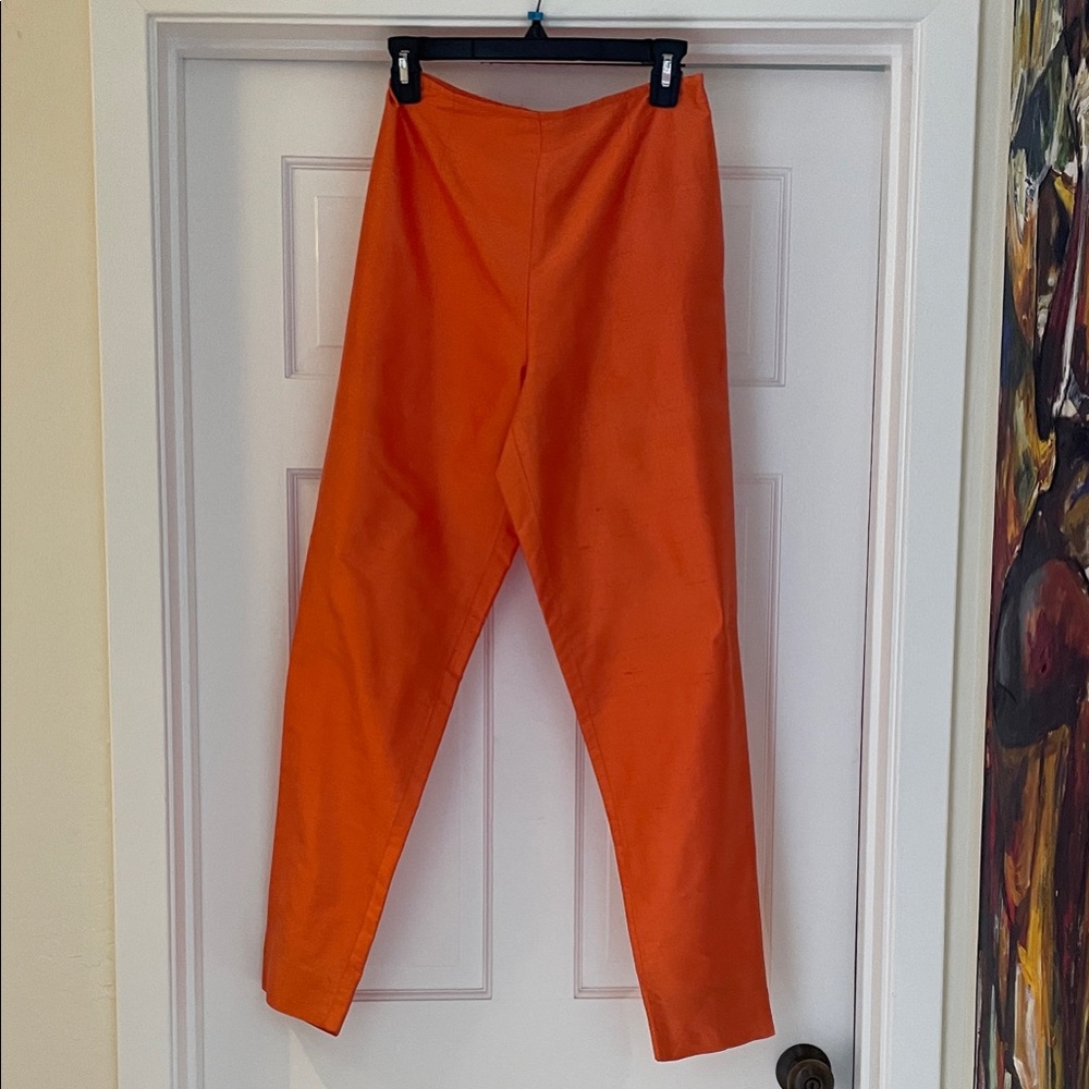 Vibrant Orange raw silk Women's Cigarette Pants with slit at ankle. Made in USA